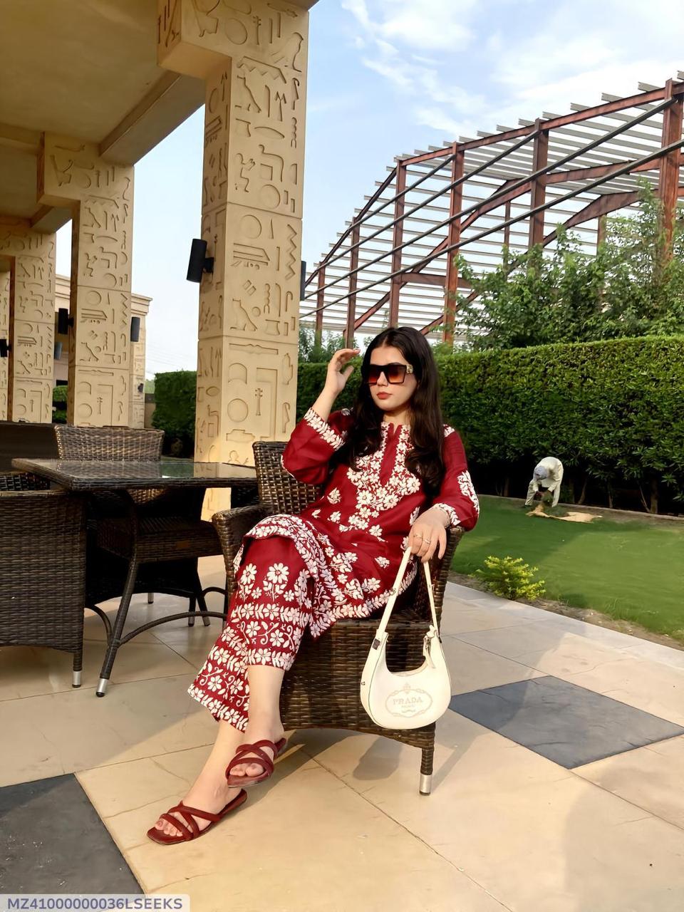 2 Pcs Women's Stitched Linen Chikankari Embroidered Shirt And Trouser